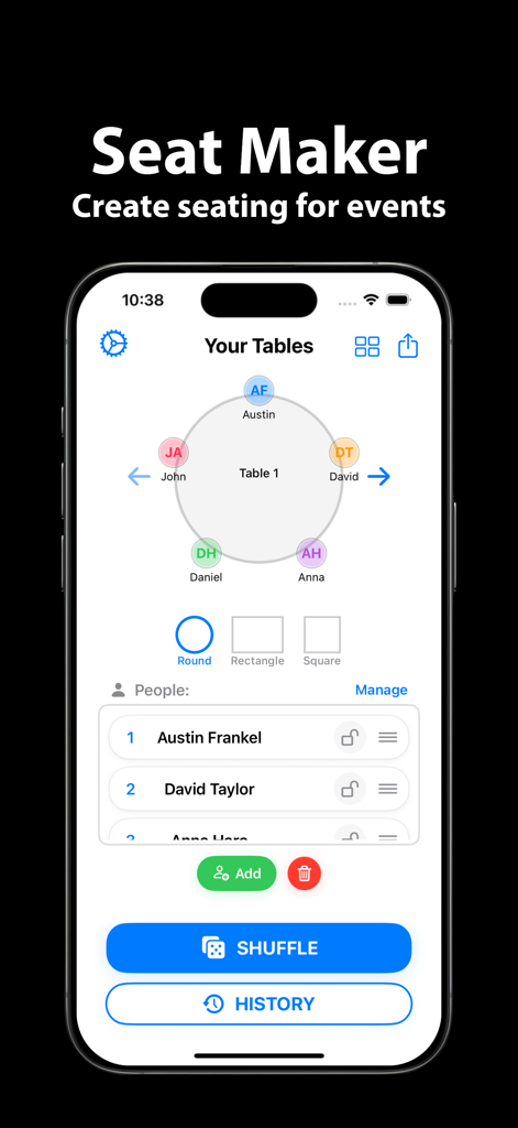 Interfaz de la aplicación Seat Maker que muestra una disposición de asientos en mesa redonda con nombres de invitados