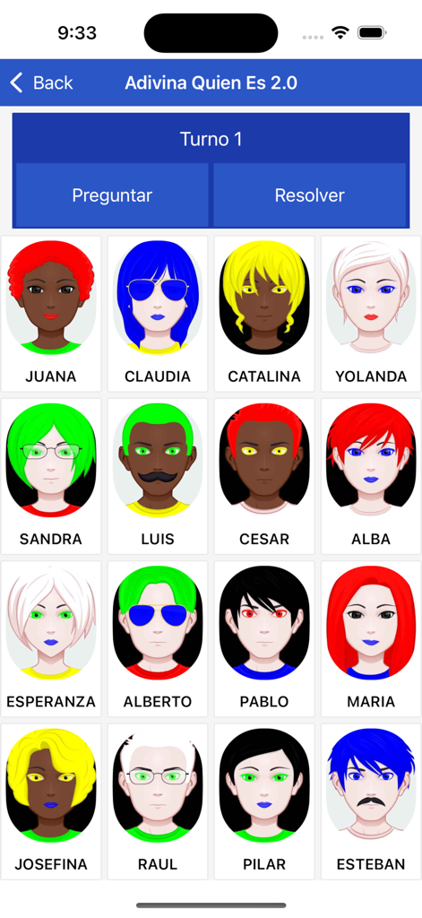 Adivina Quien Es - Eine digitale Brettspieloberfläche mit sechzehn verschiedenen Charakter-Avataren mit Namen wie Juana und Luis für ein Ratespiel.