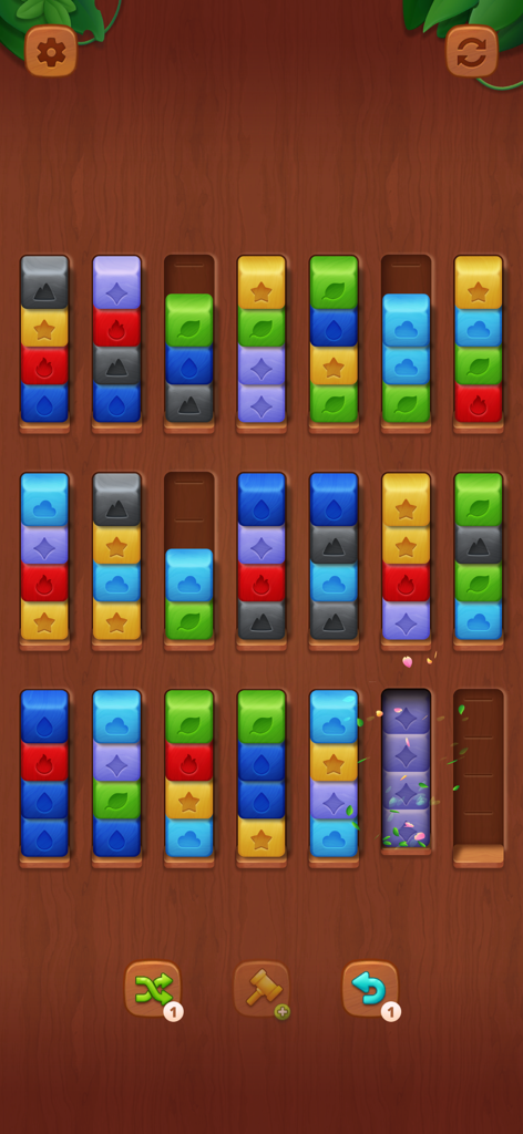 Wooden of Wonders: Blocksort - A block sorting puzzle level featuring colorful cubes with symbols on a wooden background.