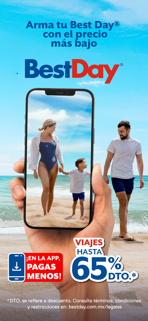 A hand holding a smartphone showing a family on a beach with BestDay travel discounts