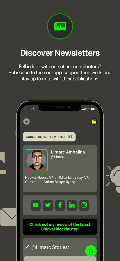 HackerNoon mobile app screen for discovering and subscribing to tech contributors newsletters