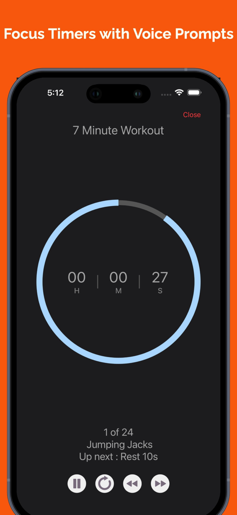 Habit Hub: Routine & Schedule - Captura de pantalla de la aplicación Habit Hub que muestra un temporizador de enfoque para el ejercicio con indicaciones de voz para saltos.