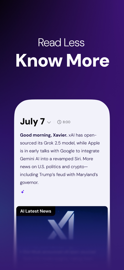 Syft app interface showing a personalized daily news briefing with the slogan Read Less Know More