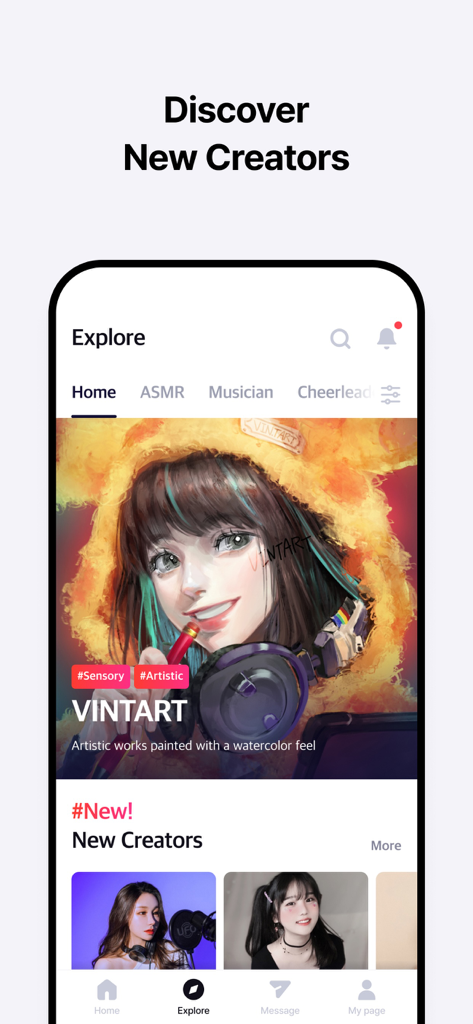 팔로우할 추천 아티스트와 새로운 크리에이터 목록을 보여주는 라이키 앱의 탐색 화면.