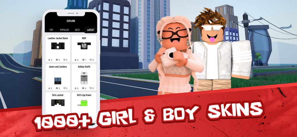 Skins für Roblox-App-Oberfläche, die eine Vielzahl von Outfits für Mädchen und Jungen zeigt