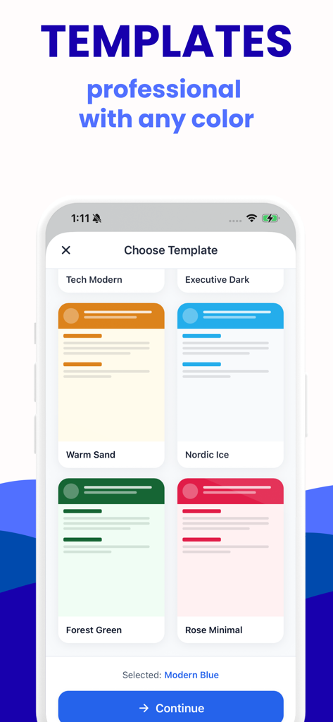 CV Builder: AI Resume Maker - A selection of professional resume templates with different color themes in the CV Builder app