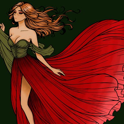 realistic woman in dress flowing the the wind