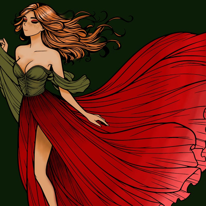 realistic woman in dress flowing the the wind