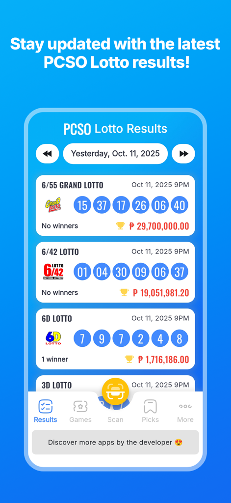 Daily PCSO Lotto Results - Schermata che mostra gli ultimi numeri vincenti del lotto PCSO e i jackpot per il Grand Lotto e il Lotto 6/42.