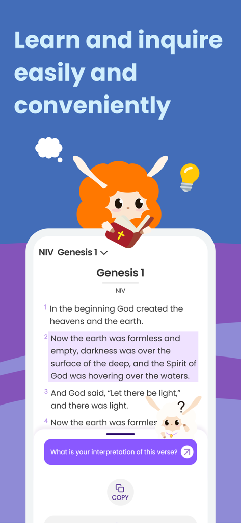 FaithTime: Devotion&Community - FaithTime app interface showing a Bible reading from Genesis with a highlighted verse and a prompt to inquire about its interpretation.