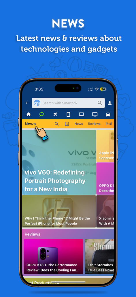 Smartprix app screen displaying the latest technology news and gadget reviews