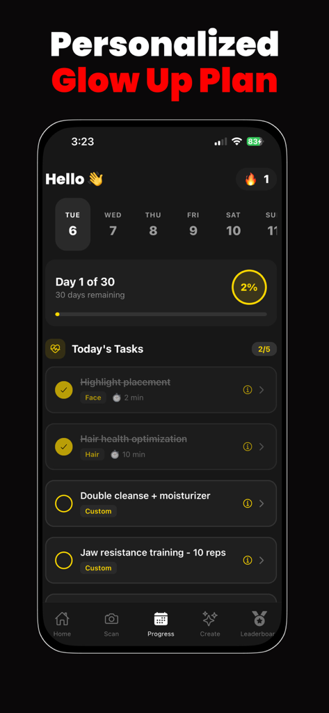 MogMax AI - LooksMax AI Rating - MogMax AI app interface showing a personalized 30 day glow up plan with daily grooming and jaw training tasks