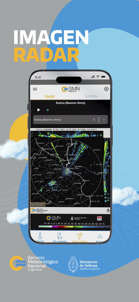 Aplicación meteorológica oficial del SMN Argentina que muestra un mapa de radar meteorológico para Buenos Aires