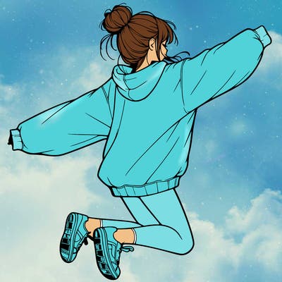 realistic girl jumping with a bun and oversized sweatshirt