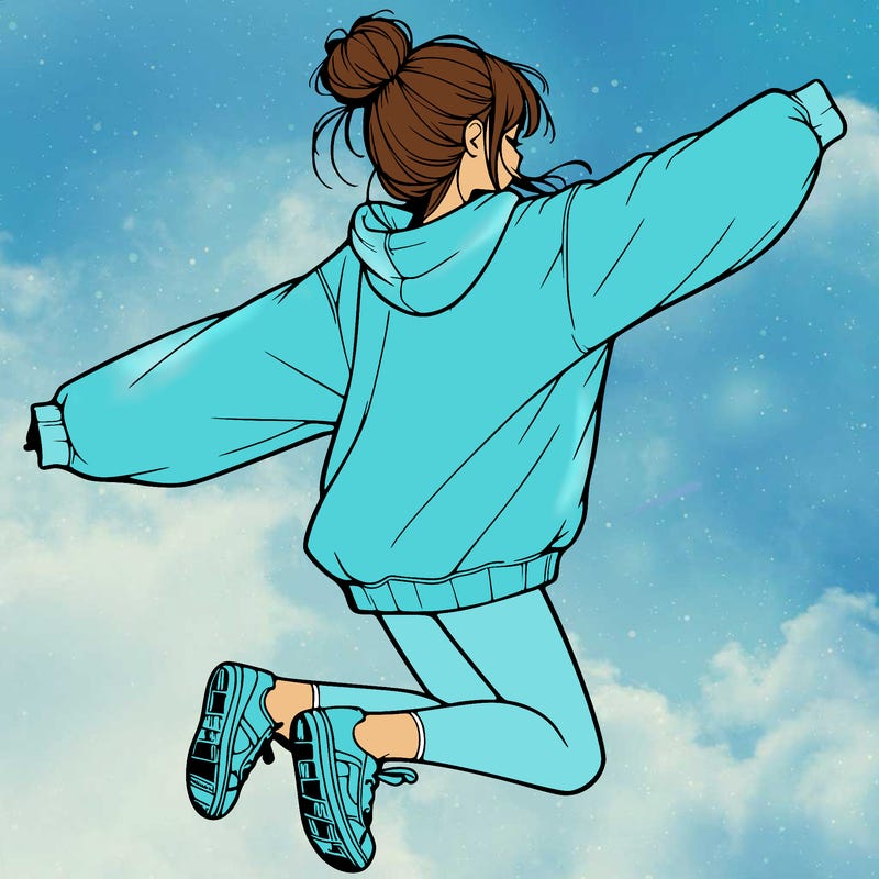 realistic girl jumping with a bun and oversized sweatshirt