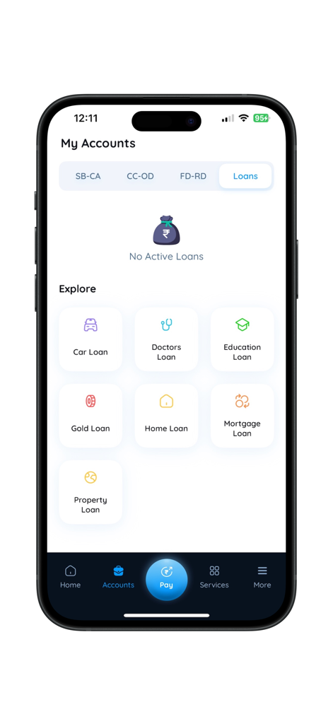 SVC NXT - Tela do celular do aplicativo SVC NXT mostrando a seção de empréstimos com opções de empréstimos para carros, casas e educação