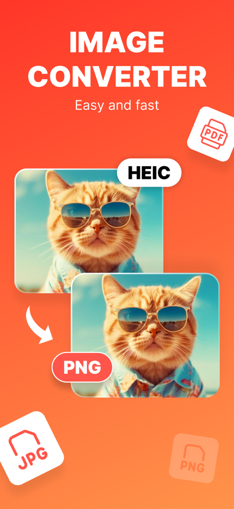 Image Converter: JPEG PDF PNG - Bildkonverter-App-Oberfläche, die die HEIC-zu-PNG-Konvertierung mit einem Katzenfoto zeigt