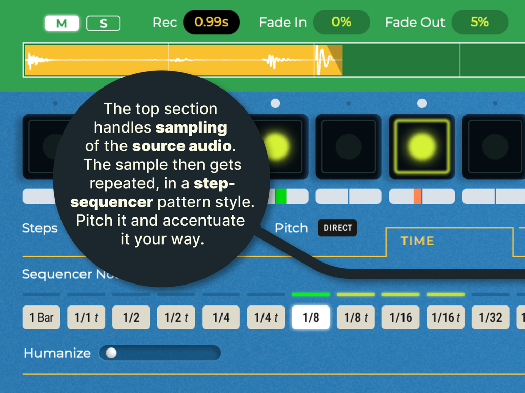 Interface showing sampling source audio and step sequencer pattern controls in Parrot audio repeater
