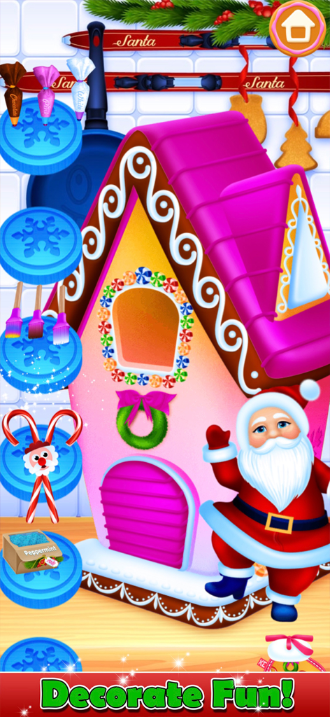 A pink gingerbread house with a purple roof and Santa Claus in a festive decorating game screen.