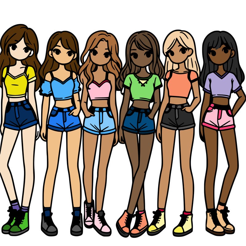 a group of girls wearing crop tops and shorts