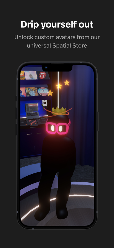 Spatial - A black 3D avatar wearing glowing pink glasses and a gold crown in a virtual music room on the Spatial app.