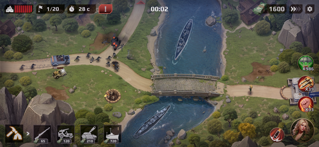 A tactical overhead view of a World War II battlefield featuring naval ships and land units near a bridge