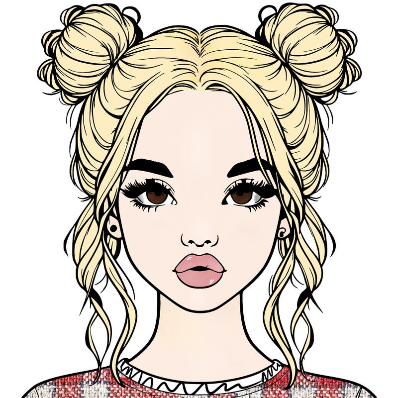 realistic girl with two buns in hair and lips