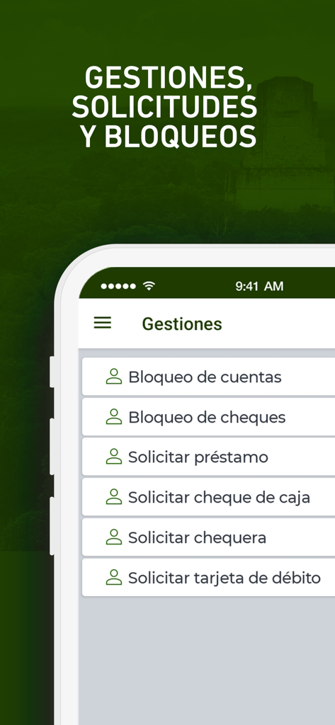 Banco INV APP - 스페인어로 계좌 차단 및 대출 요청과 같은 계좌 관리 옵션을 보여주는 Banco INV 앱 인터페이스.