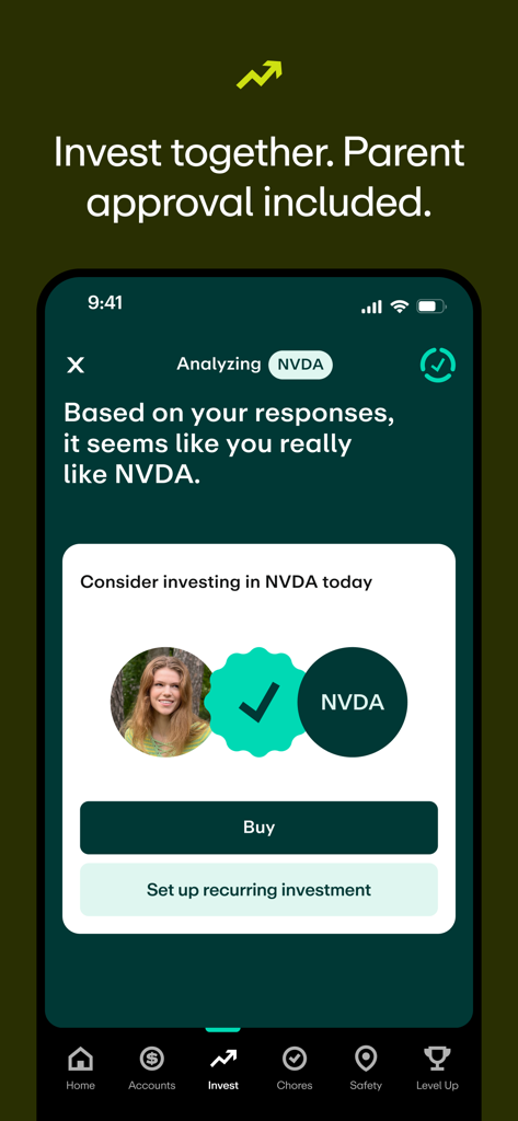 Greenlight Kids & Teen Banking - Greenlight app investment screen for kids showing stock purchase options with parental approval