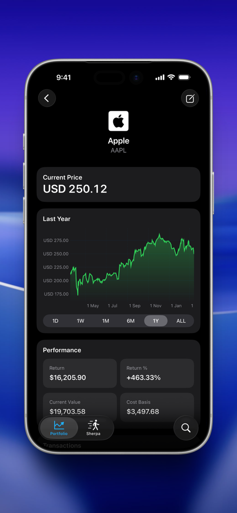 Summit: Portfolio Tracking - Summit App mit Kursdiagramm der Apple-Aktie und Kennzahlen zur Anlageperformance