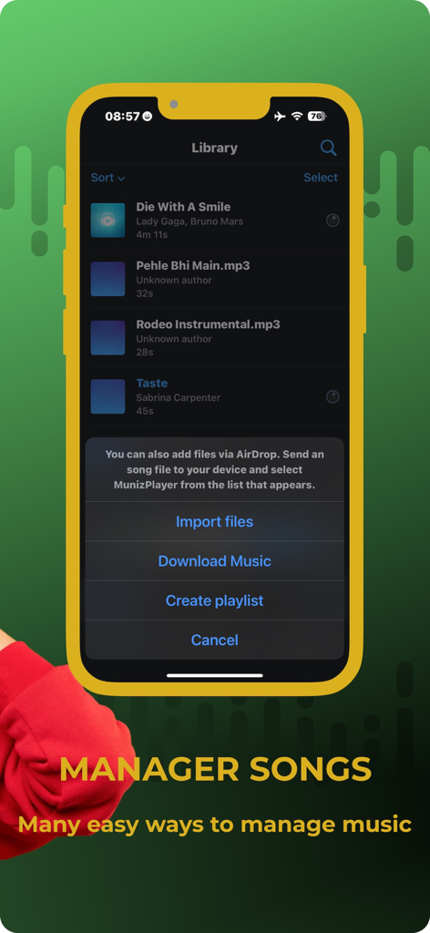 Premium Music Offline Player - iPhone interface showing the music library and options to import files and manage songs in the Premium Music Offline Player app.