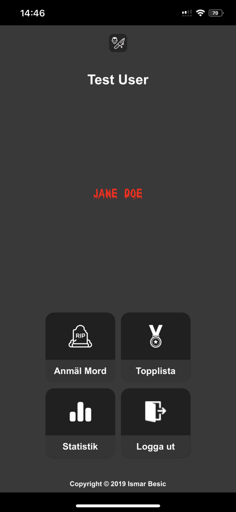 Main menu of the Killer Game app showing a target name Jane Doe and navigation buttons for reporting kills and viewing leaderboards.