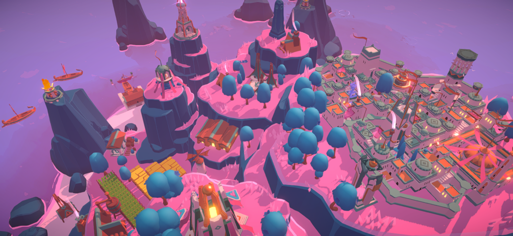 ISLANDERS: Mobile - A minimalist city settlement on a vibrant pink and blue island in ISLANDERS Mobile