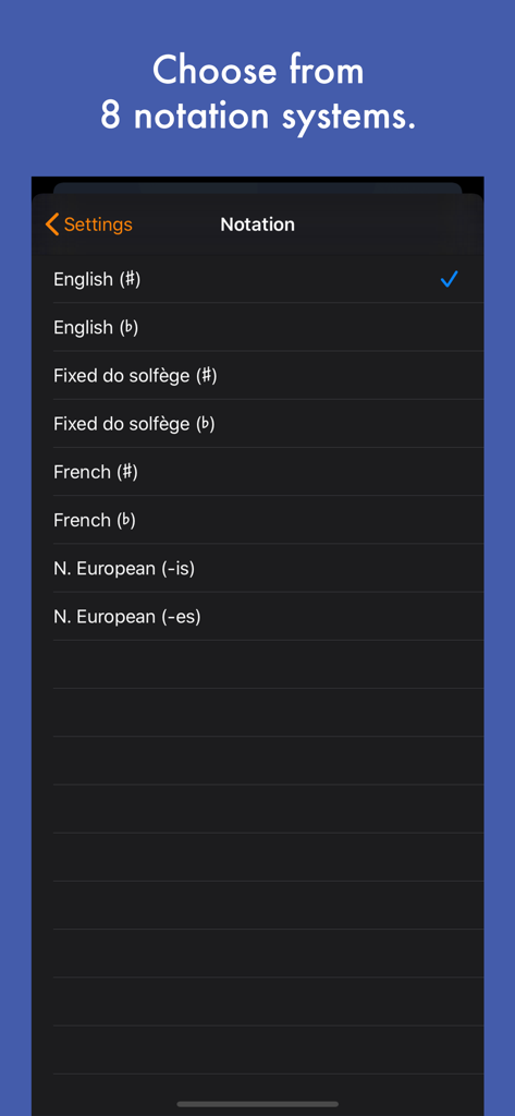 Screenshot of the Tuna Pitch app showing eight music notation options including English and Fixed do solfege
