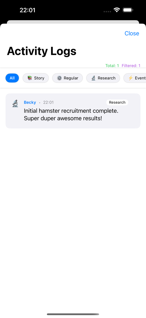 Activity Logs screen in Lab Gone Wrong showing a research update from Becky about hamster recruitment