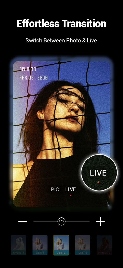 VizoCam app interface showing a grainy vintage portrait and the option to switch between photo and live modes