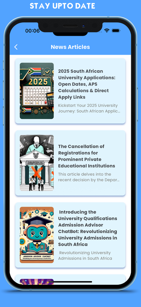 University Qualifications - The news articles screen of the University Qualifications app featuring academic updates and a university admission chatbot.