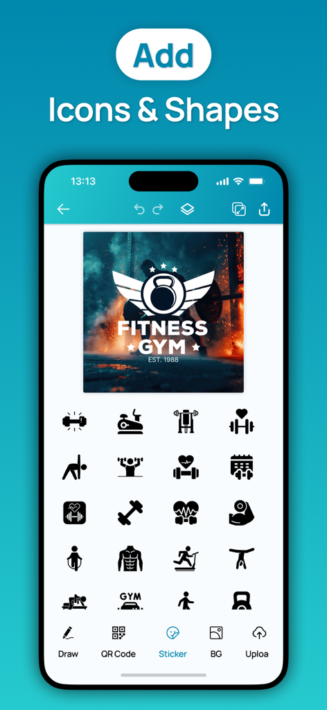 Logo Maker - Business Logo - Logo maker app interface for adding fitness and gym icons to a business logo