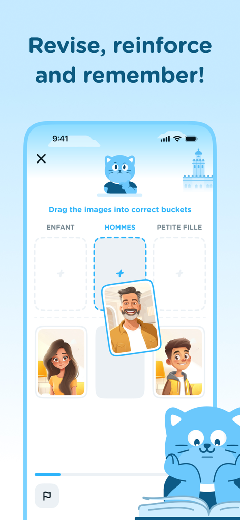Airlearn - Language Learning - An interactive French vocabulary exercise in the Airlearn app where the user drags an image of a man into a category labeled Hommes.
