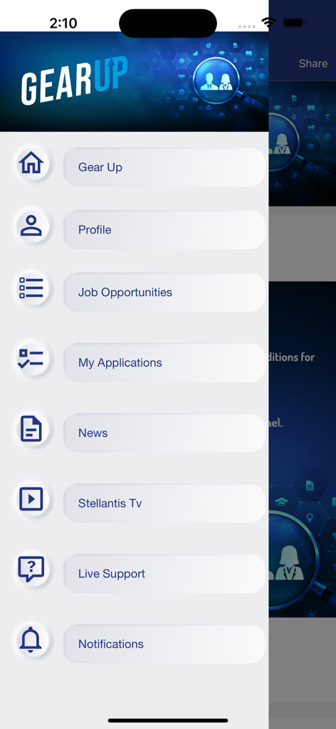 Screenshot of the Gear-Up app navigation menu showing options for job opportunities, my applications, news, and live support.