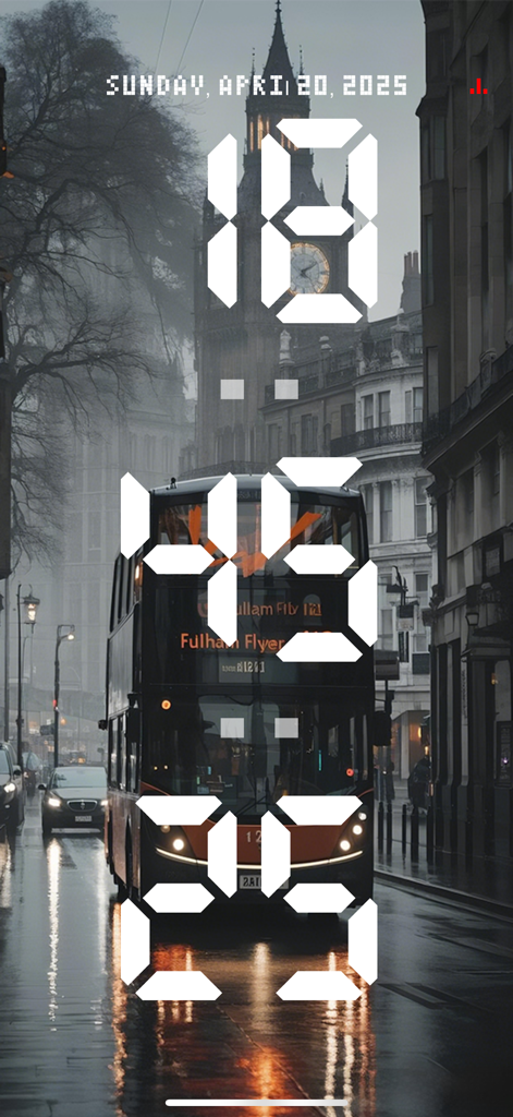 Flip Clock - Pomodoro & Focus - A digital flip clock interface with a cinematic rainy London street background featuring a red double decker bus and Big Ben