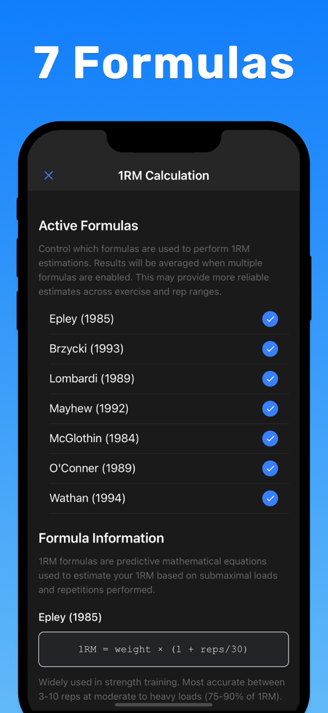 One Rep Max: 1RM Calculator - Liste de sept formules scientifiques pour calculer une répétition maximale dans l'application de fitness