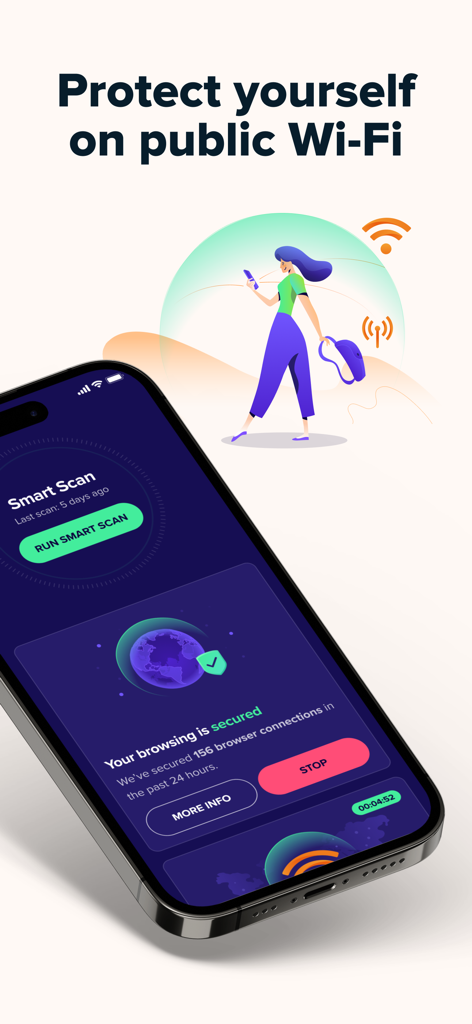 Avast Security app interface showing public Wi-Fi protection and secured browsing status on an iPhone