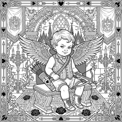 Dive into the enchanting world where innocence meets intrigue with our Gothic Baby Cupid coloring page. This intricate design, tailored for teens, blends classic cherubic charm with dark, ornate Victorian aesthetics.