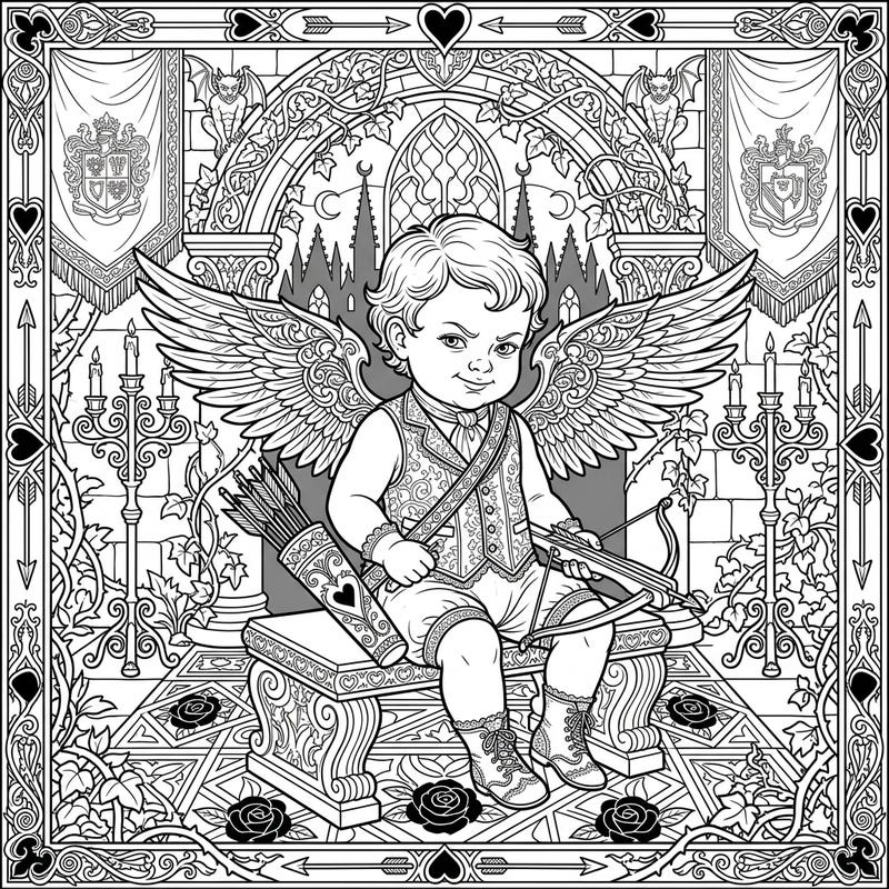 Dive into the enchanting world where innocence meets intrigue with our Gothic Baby Cupid coloring page. This intricate design, tailored for teens, blends classic cherubic charm with dark, ornate Victorian aesthetics.