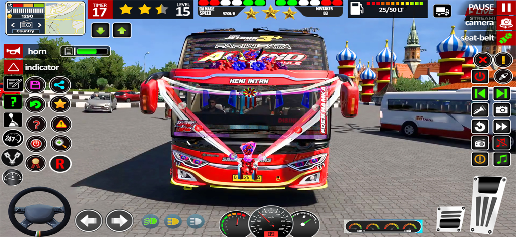 Public Bus Simulator Game 2025 - Gameplay screenshot of Public Bus Simulator 2025 showing a red decorated bus with a detailed dashboard and driving control interface