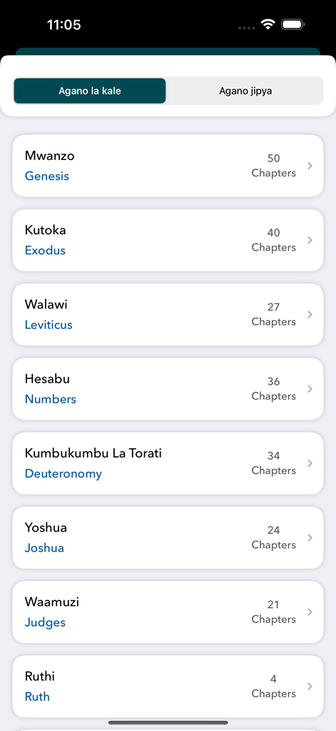 Biblia Takatifu - Liste des livres de l'Ancien Testament en swahili et en anglais de l'application Biblia Takatifu