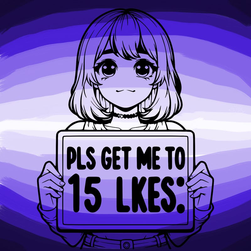 realistic girl holding up a sign that says “pls get me to 15 likes!”