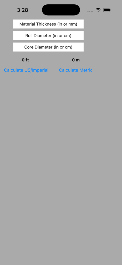 Any Roll Length - Tela do aplicativo Any Roll Length mostrando campos de entrada para espessura de material e diâmetro do rolo com opções de cálculo EUA e métrico.