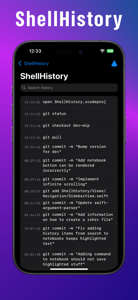 ShellHistory - ShellHistory app interface showing a list of shell commands with timestamps